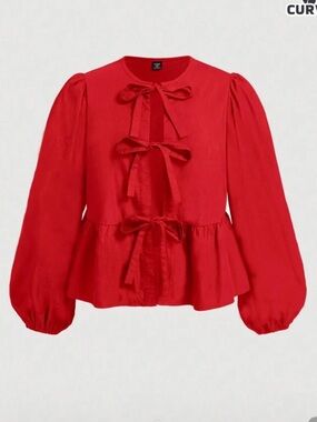 SHEIN Red Bow-Tie Peplum Blouse